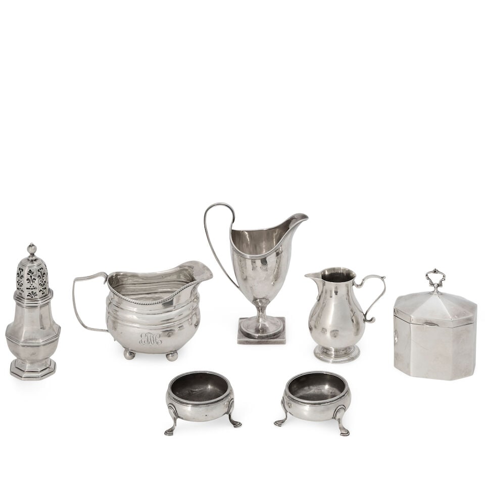 A Collection of Georgian Silver,: A Collection of Georgian Silver, includes a creamer by William Coles, London, 1739-40, having a sparrow beak with a drop pendant, ht. 3 1/2; a creamer by 'IS' London, 1791, helmet-form on a square