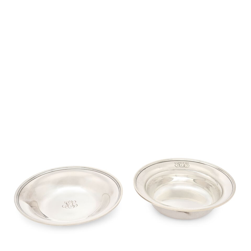 Two S. Kirk & Son Sterling Silver Dishes, Baltimore, 20th century,: Two S. Kirk & Son Sterling Silver Dishes, Baltimore, 20th century, both plain with molded rims and monograms to the border, the larger measures 9 1/2 in. in diameter, approx. 23.95 troy oz. For furthe