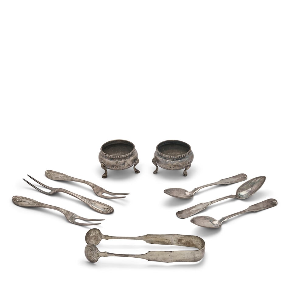 Thirty Pieces of Boston Coin Silver,: Thirty Pieces of Boston Coin Silver, includes a pair of salt cellars by Bigelow Bros. & Kennard (1845-1863), monogrammed; twelve two-tine forks by Pear and Bacall (partnership from 1850-1875),