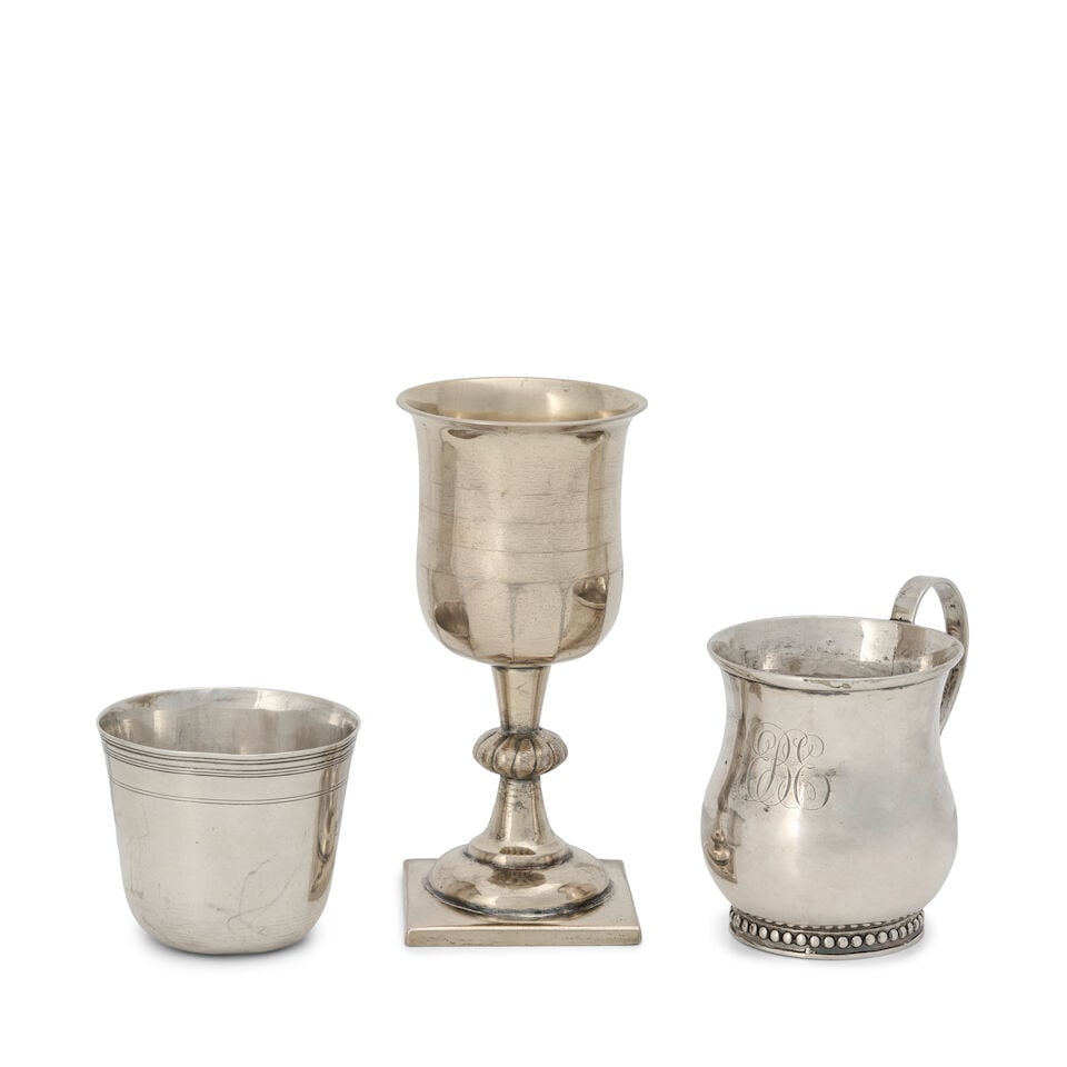 Three Pieces of Silver,: Three Pieces of Silver, includes a French beaker, mid-18th century, of tapering cylindrical form, with incised lines under the molded rim, ht. 2 1/4 ; an American coin silver cup, 19th century, of