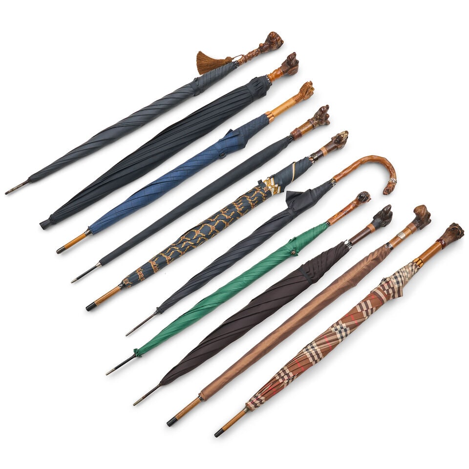 Ten Carved Wood Dog-head handle Umbrellas, 20th century, - 2