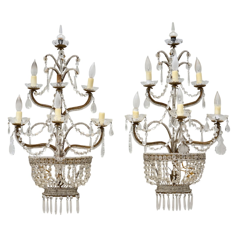 Pair Of Baguès-style Beaded-glass And Gilt-metal Six-branch Wall Lights, 20th century,: Pair Of Baguès-style Beaded-glass And Gilt-metal Six-branch Wall Lights, 20th century, each with six scrolling arms arranged in two tiers, molded glass bobeches, faceted glass bead swags and pend