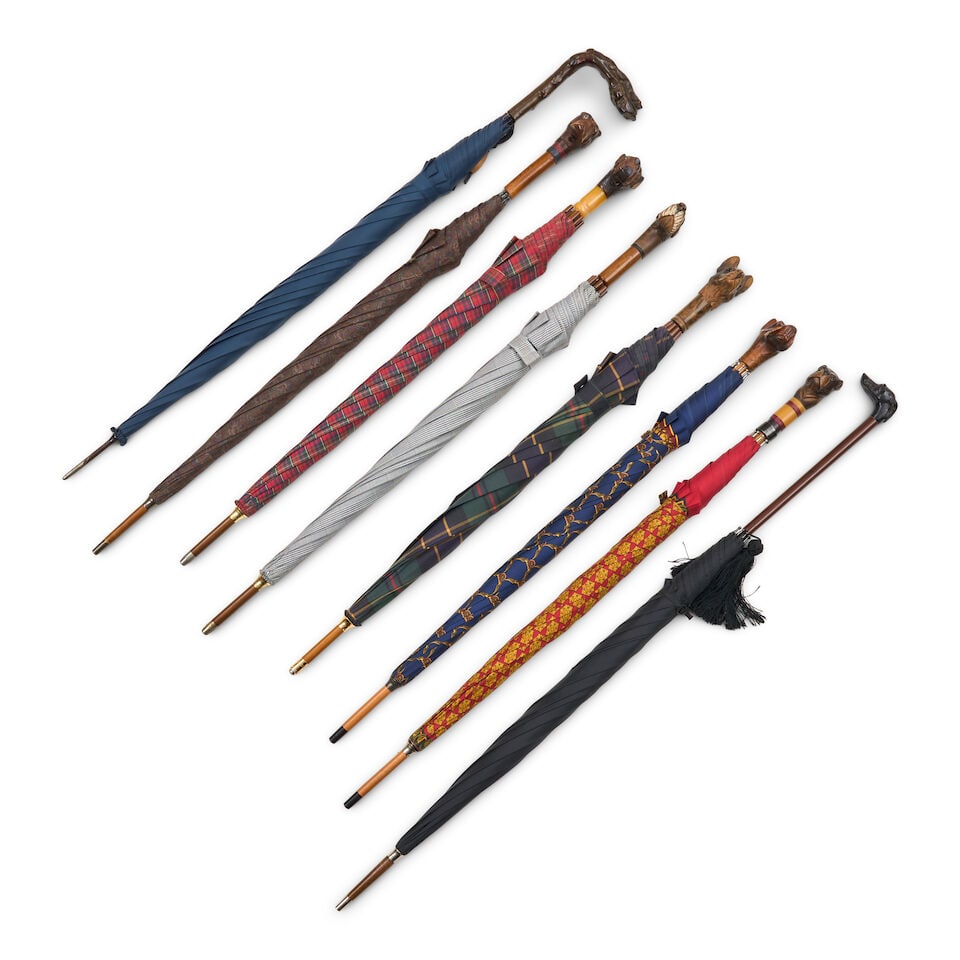 Eight Carved Wood Dog-head handle Umbrellas, 20th century, - 2