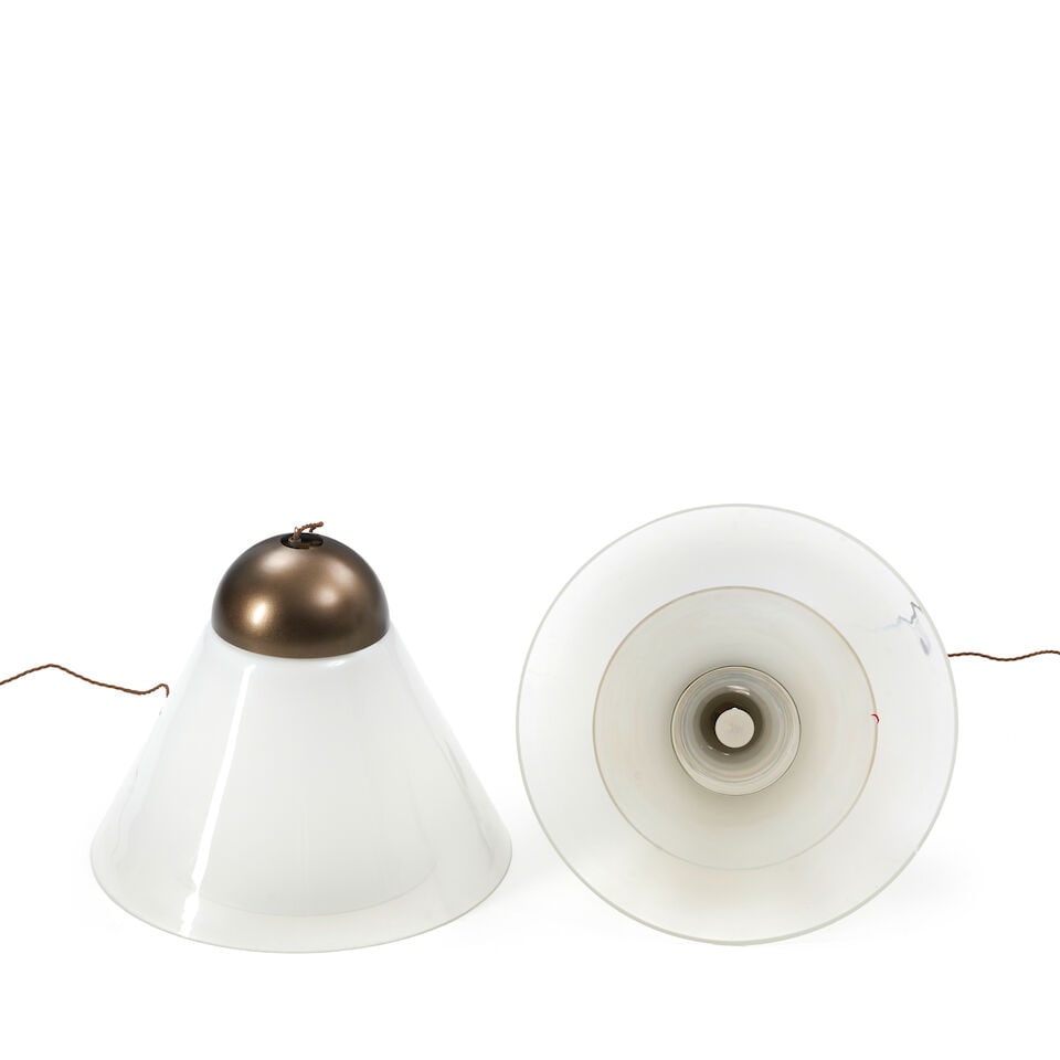 Pair Of Pendant Lamps After Carlo Nason, early 21st century, glass, patinated metal, single ba... - 2