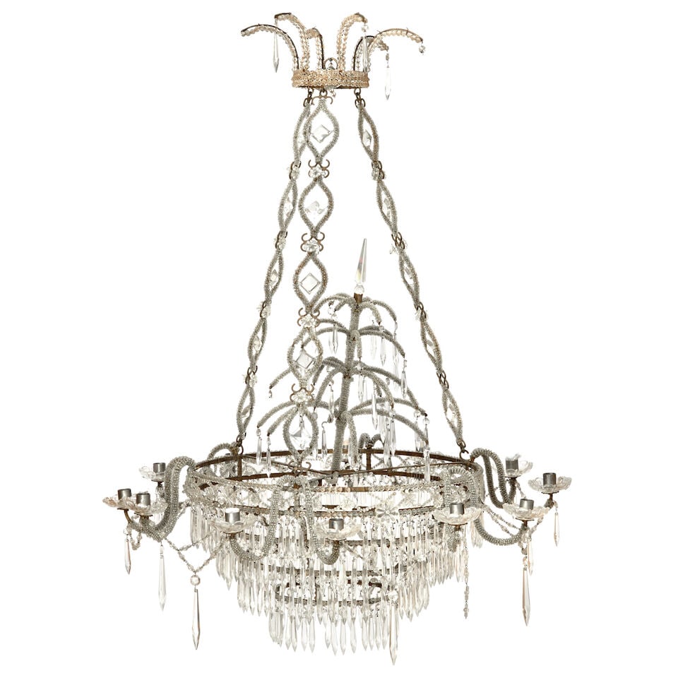 Swedish Neo-classical Style Chandelier France, 19th century,: Swedish Neo-classical Style Chandelier France, 19th century, heavily adorned with beads and prism drops, twelve scrolled arms supporting candle nozzles, overall ht. approx. 39 in. Lot to be sold witho