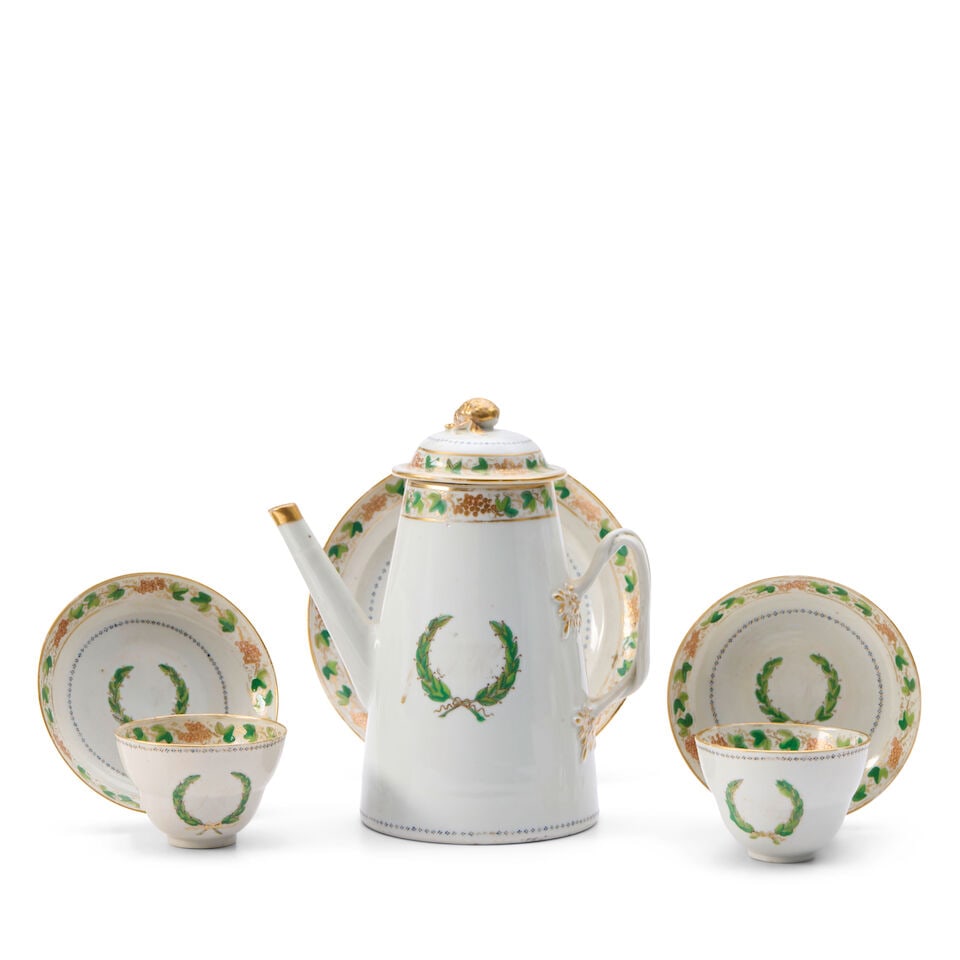 Six-piece Green Grapevine Partial Coffee Service, 19th century,: Six-piece Green Grapevine Partial Coffee Service, 19th century, comprising comprising a covered coffeepot and stand and two cups and saucers, each decorated with green-enameled and gilt grapevines and