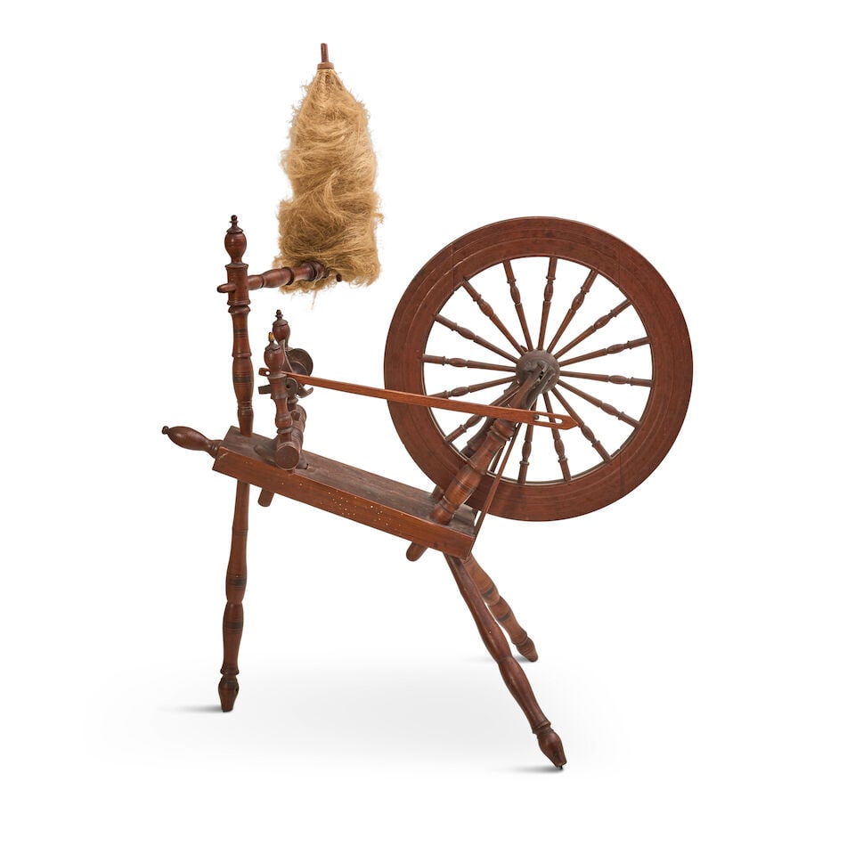 Wood Flax Spinning Wheel and Niddy-noddy, Pennsylvania, 18th/19th century,: Wood Flax Spinning Wheel and Niddy-noddy, Pennsylvania, 18th/19th century, the flax wheel with a turned frame, spoked drive wheel, flyer-and-bobbin assembly, and distaff retaining flax, lacking a trea