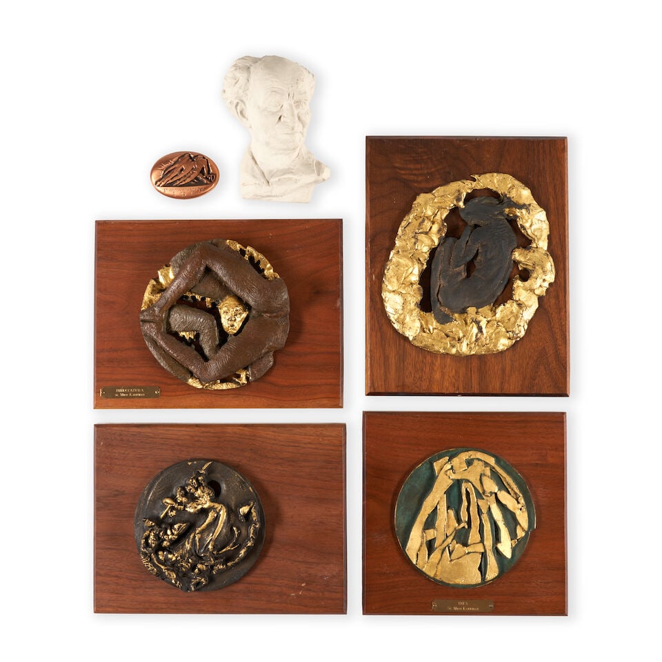 Six Sculptural Works Mico H. Kaufman (1924-2016), late 20th century: Six Sculptural Works Mico H. Kaufman (1924-2016), late 20th century Four gilded bronze art plaques mounted on walnut including Imboccatura, Inex no. 1 of 30, and two other unnamed plaques; an original