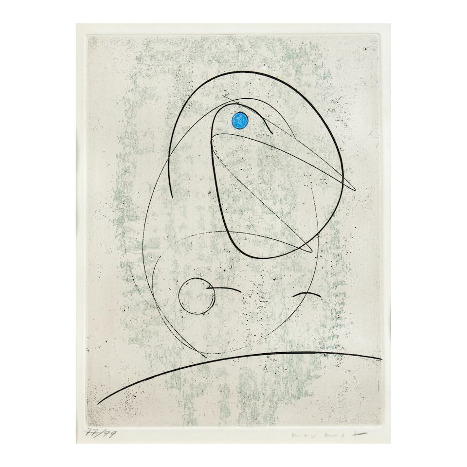 Max Ernst (1891-1976); L'Oiseau Bleu, Studie für Gemini;: Max Ernst (1891-1976) L'Oiseau Bleu, Studie für Gemini, 1968 Etching in colors on wove paper, signed in pencil and numbered 77/99, with full margins, framed. 8 1/4 x 6 1/4in (21 x 15.9cm) sheet