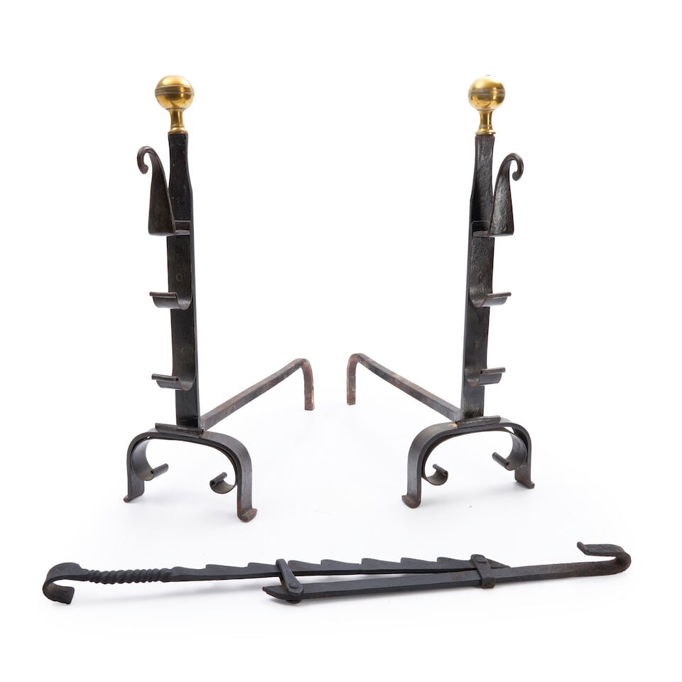 Two Ball-top Wrought Andirons and a Trammel, America or Europe, 19th century. (1 of 1)