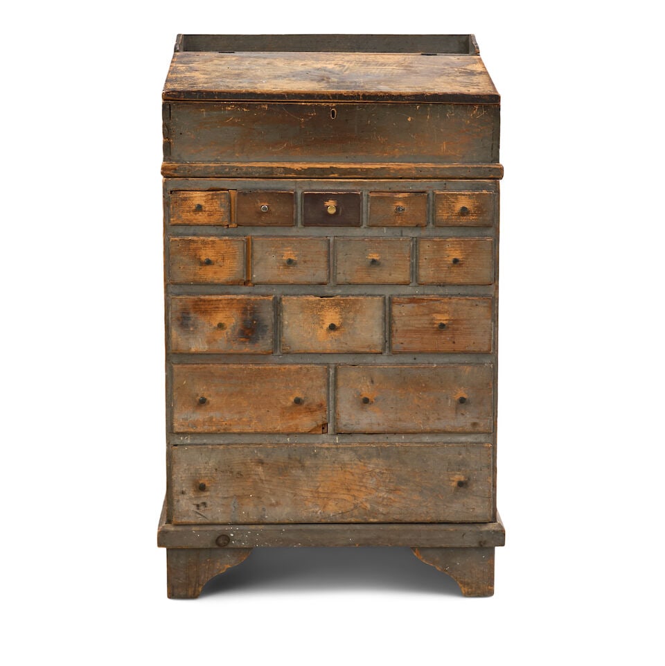 Painted Pine Standing Desk, 19th century,: Painted Pine Standing Desk, 19th century, the hinged slant lid opening to an interior fitted with three drawers, the interior of the lid bearing the inscription 'December 25th, 1817,' above fifteen