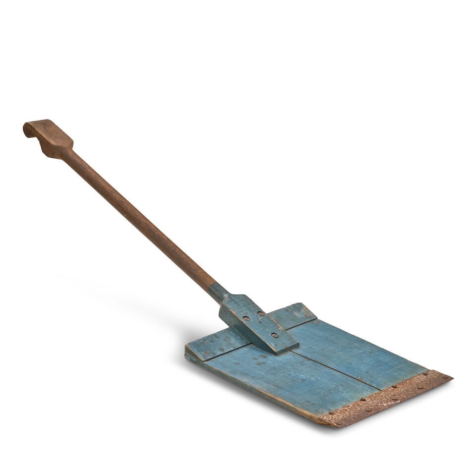 Painted Wooden Shovel, United States, 19th century,: Painted Wooden Shovel, United States, 19th century, the long shaped wood handle joined to a broad rectangular wooden blade, the lower edge reinforced with an iron strip, lg. 50 1/2, wd. 14 in. For
