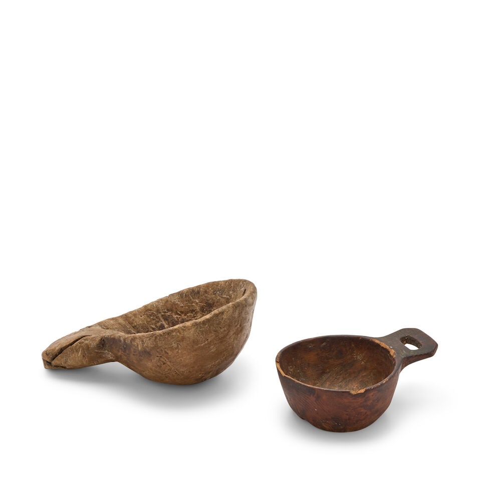 Two Carved Wood Scoops, North America, 19th century,: Two Carved Wood Scoops, North America, 19th century, one with a rounded bowl and carved handle, the other with a shallow rounded bowl and pierced handle, lg. to 6 1/2 in. Lot to be sold without