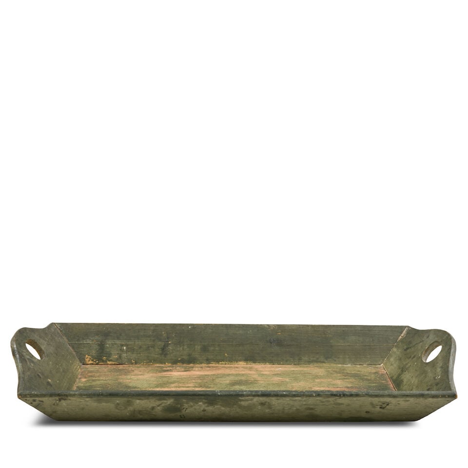 Painted Green Wooden Tray, Probably American, 19th/20th century,: Painted Green Wooden Tray, Probably American, 19th/20th century, rectangular form with canted sides and pierced integral handles, lg. 30, wd. 16 1/2, ht. 4 in. Lot to be sold without reserve. This