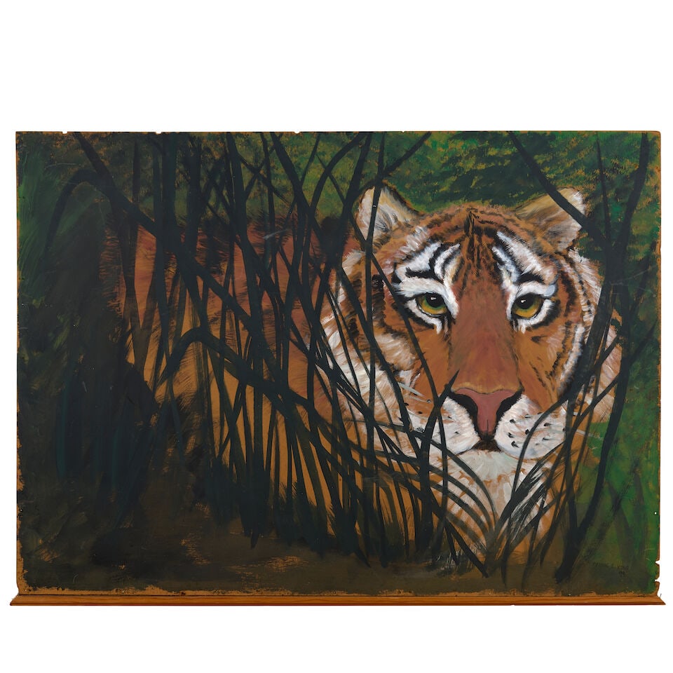 Marion E. King (American, 20th century), Tiger, 1994,: Marion E. King (American, 20th century), Tiger, 1994, oil on a Masonite panel, signed 'Marion E. King' and dated '94' (lower right), unframed, overall size 31 1/2 x 43 1/2 in. Lot to be sold without