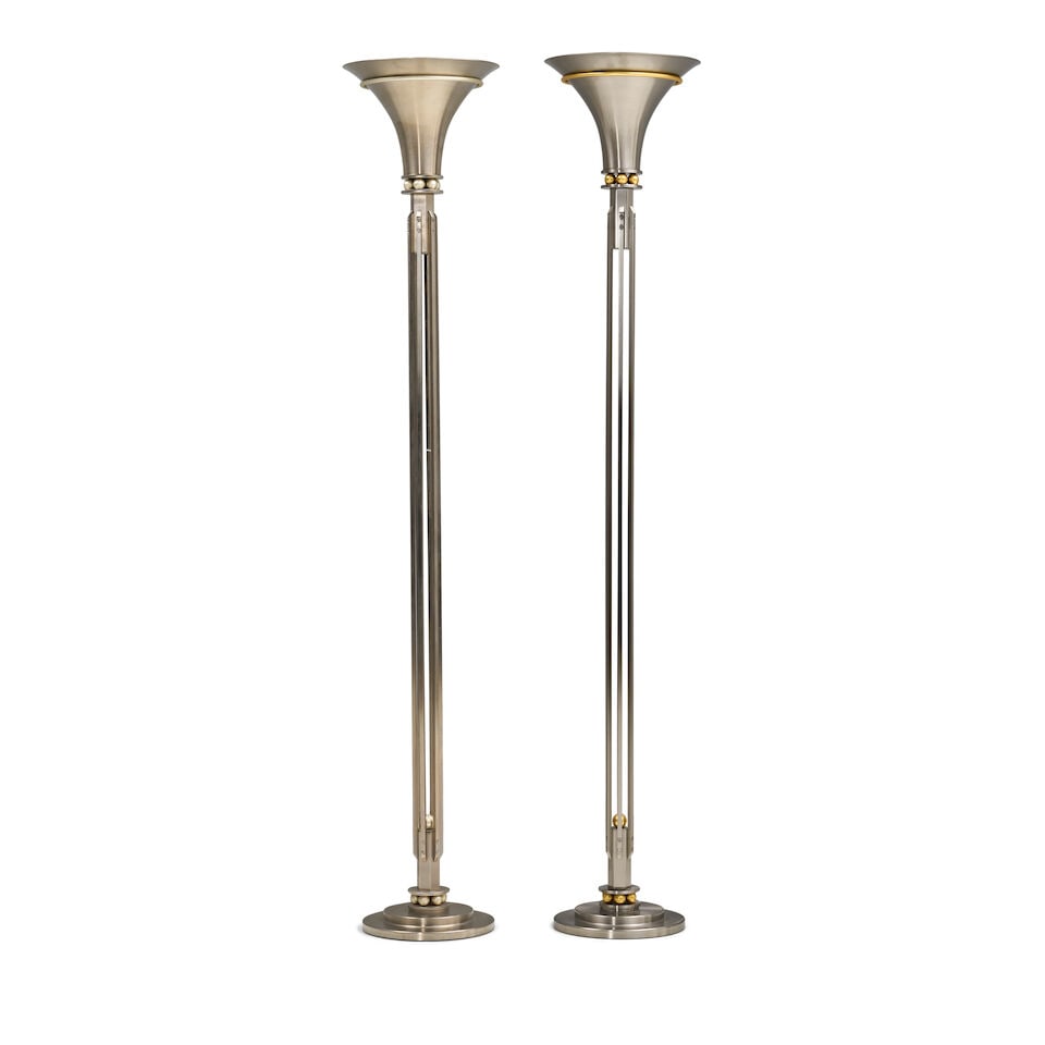 Two J.Robert Scott 'Odette' Torchere Floor Lamps, designed by Sally Sirkin Lewis (American, 20th...: Two J.Robert Scott 'Odette' Torchere Floor Lamps, designed by Sally Sirkin Lewis (American, 20th/21st century), brushed nickel-finish metal torchieres, each with a flared trumpet-form shade above a co