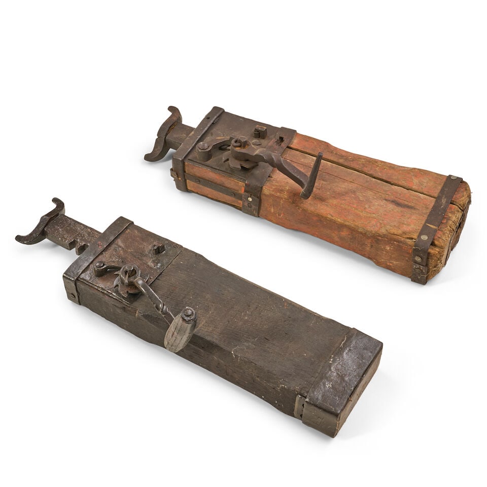 Two Wagon Jacks, Dated 1816 And 1846, American, 19th century,: Two Wagon Jacks, Dated 1816 And 1846, American, 19th century, each with a rectangular wooden body fitted with wrought-iron straps, ratcheting mechanism, crank handle, and lifting arm, one retaining tr