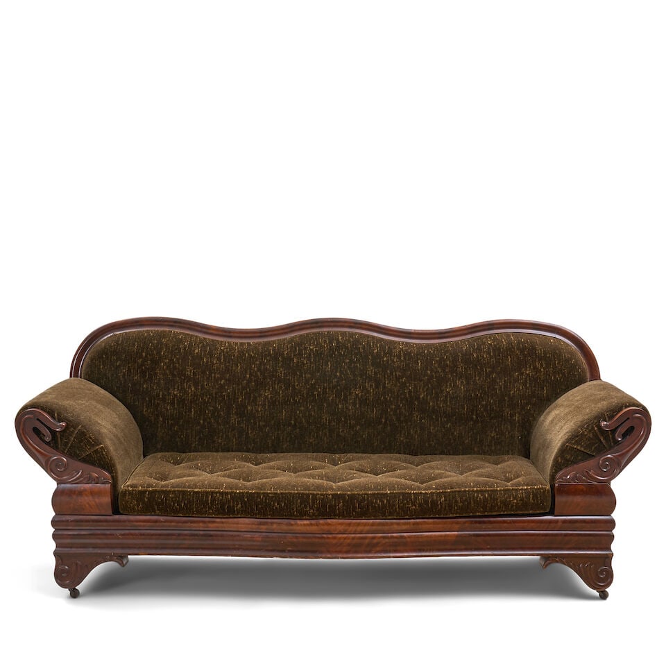 Late Classical Carved Mahogany and Mahogany-veneered Sofa, New England, c. 1830, (1 of 2)