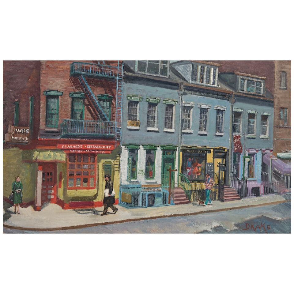 William Alexander Drake (American, 1891-1979) New York Street Scene sight size 17 5/8 x 29 1/2,...: William Alexander Drake (American, 1891-1979) New York Street Scene signed 'DRAKE' (lower right) oil on canvas sight size 17 5/8 x 29 1/2, frame size 23 1/8 x 35 1/4 in. framed. For further