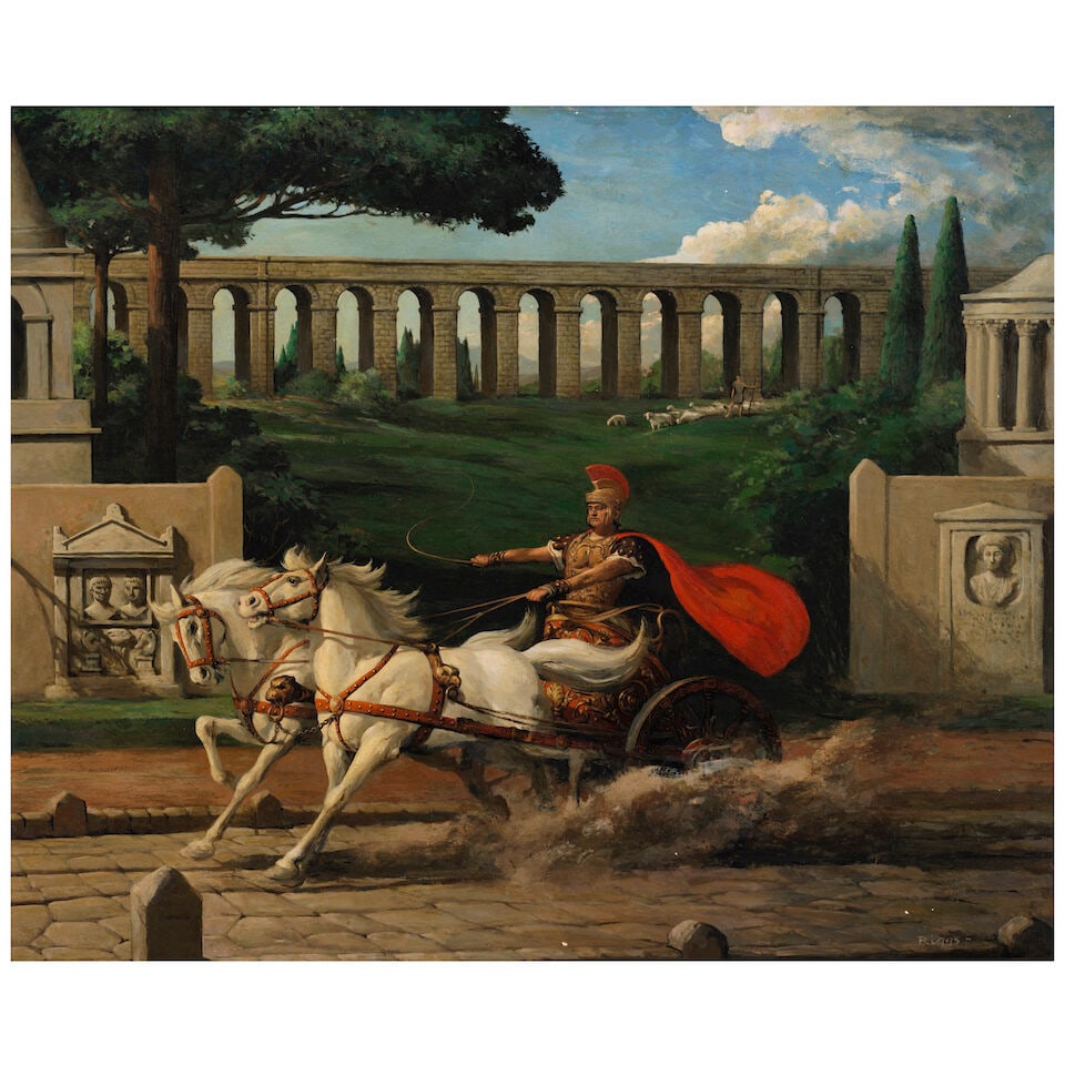 Robert Riggs (1896-1970) Roman Chariot 21 3/4 x 26 7/8 in. (55.2 x 68.3 cm.) (Painted circa 1957.): Robert Riggs (1896-1970) Roman Chariot signed 'Riggs.' (lower right) tempera on Renaissance panel 21 3/4 x 26 7/8 in. (55.2 x 68.3 cm.) Painted circa 1957. Footnotes: Provenance Private collection, Pe