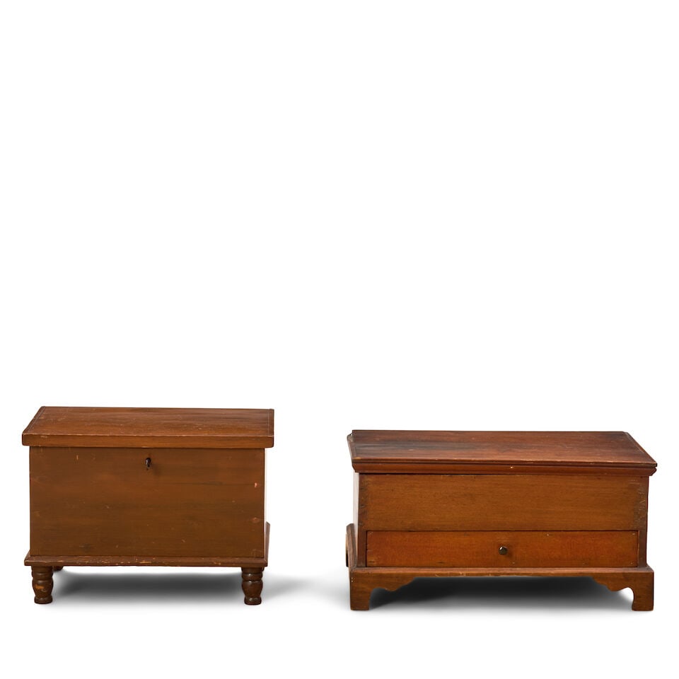 Two Miniature Pine Chests, 19th century,: Two Miniature Pine Chests, 19th century, one with a hinged lid and lock, raised on turned feet, ht. 9 1/4, wd. 12 7/8, dp. 8; the other with a hinged lid above a single drawer, raised on bracket