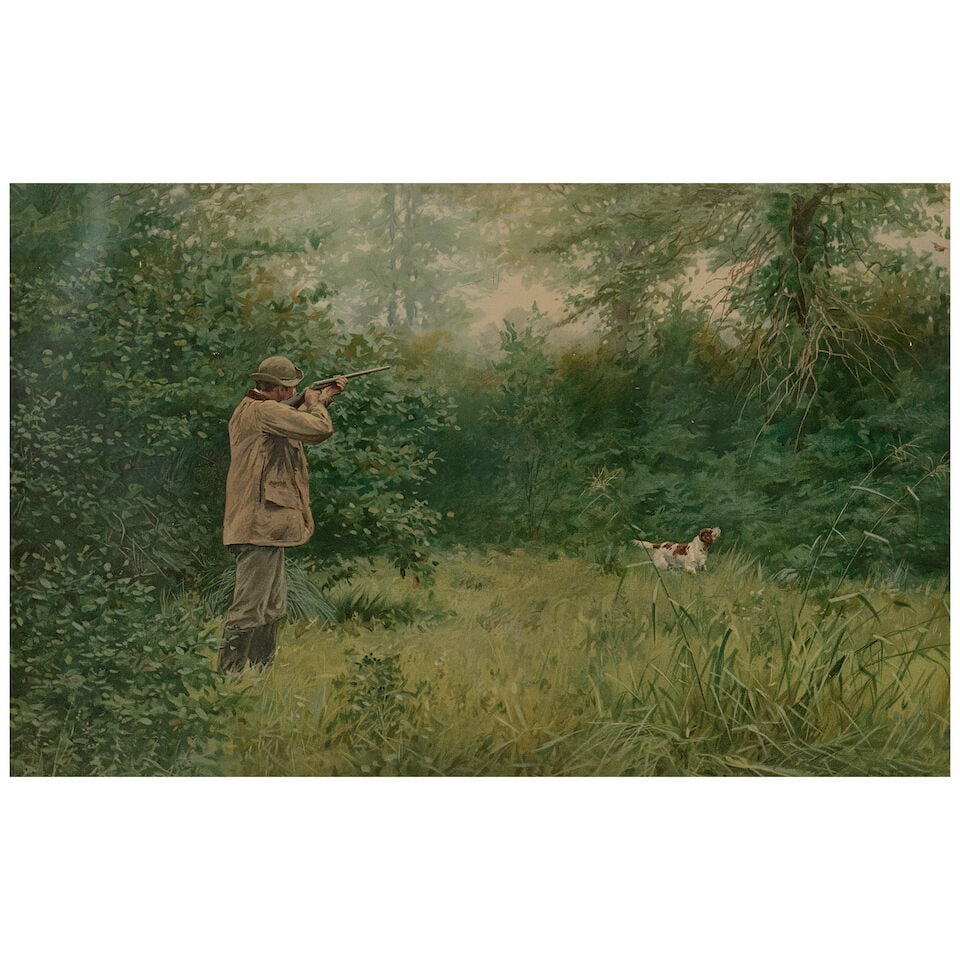 Arthur Burdett Frost (1851-1928) Summer Woodcock, from Shooting Pictures, 1895: Arthur Burdett Frost (1851-1928) Summer Woodcock, from Shooting Pictures, 1895 Chromolithograph, signed in pencil on the overmat, framed, sight size 12 1/4 x 19 1/4, frame size 22 3/4 x 29 1/2