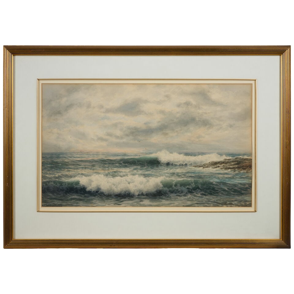 Henry Newell Cady (American, 1849-1935) Rhode Island Seascape: Henry Newell Cady (American, 1849-1935) Rhode Island Seascape Watercolor on paper, signed (lower left), framed, sight size 14 x 24, frame size 23 1/4 x 33 in. Lot to be sold without reserve. This lot