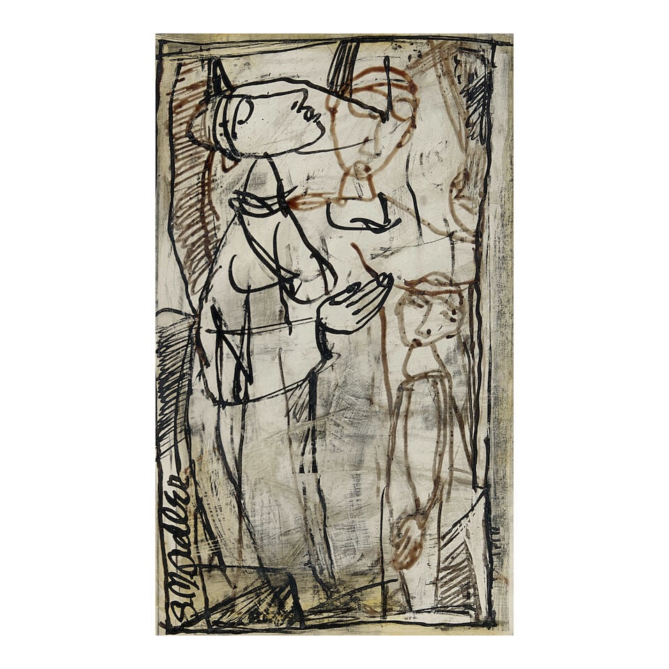 Samuel Adler (American, 1898-1979) Three Figures,: Samuel Adler (American, 1898-1979) Three Figures, mixed media on paper, possibly over lithograph, signed 'sm adler' (lower left), framed, sight size 7 1/4 x 4 1/2, frame size 17 x 14 in. Lot to be