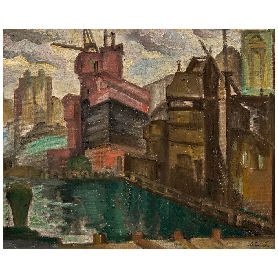 Joseph Lomoff (American, 1889 - 1956), Urban Port,: Joseph Lomoff (American, 1889 - 1956), Urban Port, oil on canvas, signed indistinctly lower right, framed, sight size 15 1/2 x 19 1/4, frame size 21 3/4 x 25 3/4 in. Lot to be sold without reserve. Th