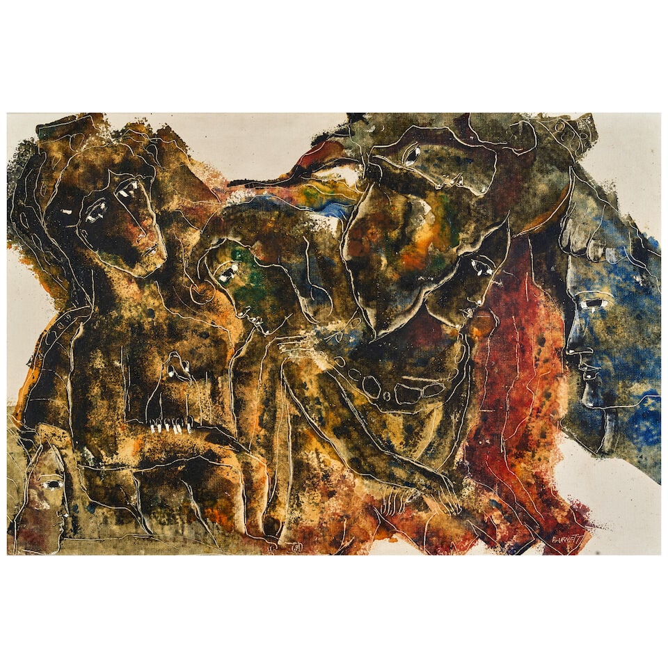 Calvin Burnett (American, 1921-2007) Figures in Profile,: Calvin Burnett (American, 1921-2007) Figures in Profile, Oil on canvas, signed 'BURNETT' (lower right), framed, sight size 23 5/8 x 35 3/8, frame size 30 1/2 x 42 1/2 in. Lot to be sold without reserv