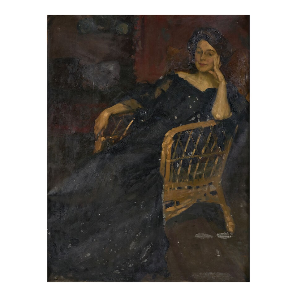 Claudio Castelucho (American, 1870-1927) Portrait of a Seated Woman,: Claudio Castelucho (American, 1870-1927) Portrait of a Seated Woman, Oil on canvas, signed 'C. Castelucho' (lower right), also identified on a label on the reverse, framed, sight size 45 3/4 x 35, fra