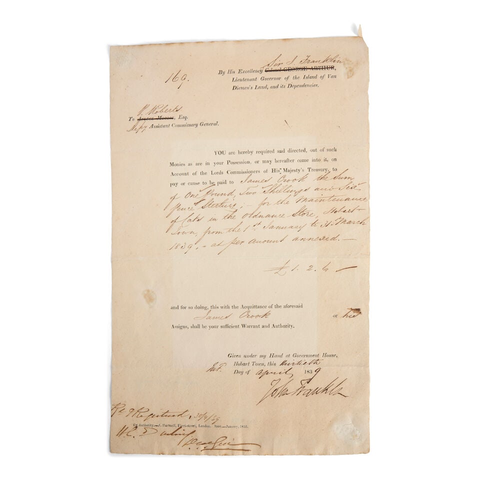 Franklin, Sir John. 1786-1847. Partially Printed Document Signed ('John Franklin'), as Lieutena... (1 of 2)