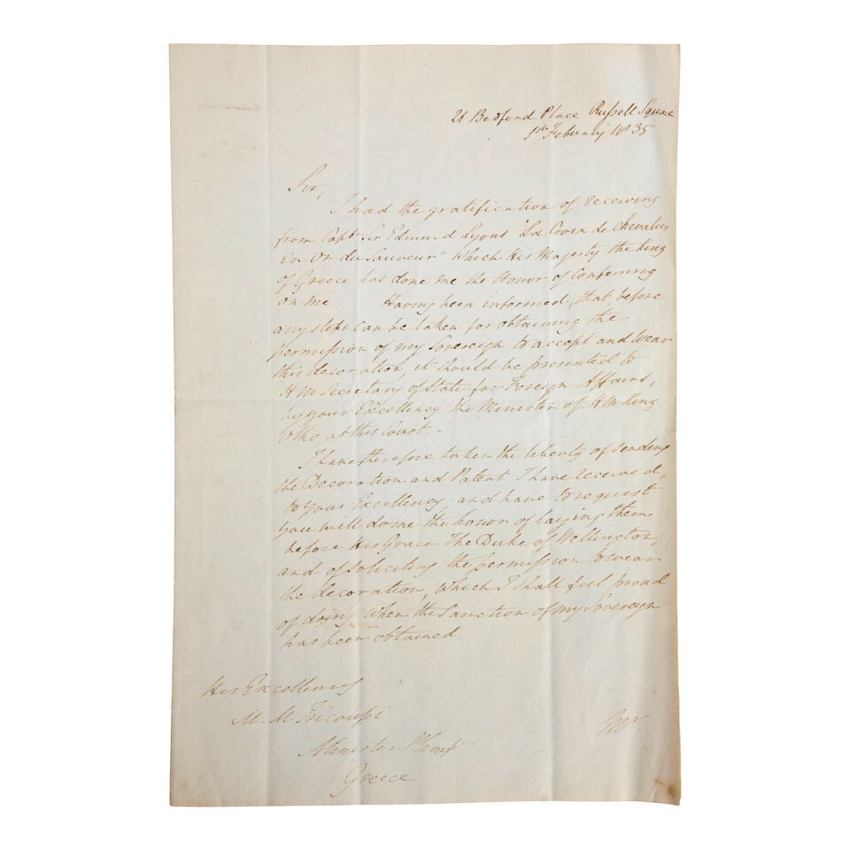 Franklin, Sir John. 1786-1847. Autograph Letter Signed, ('John Franklin'), to M. M. Tricoupi of... (1 of 2)