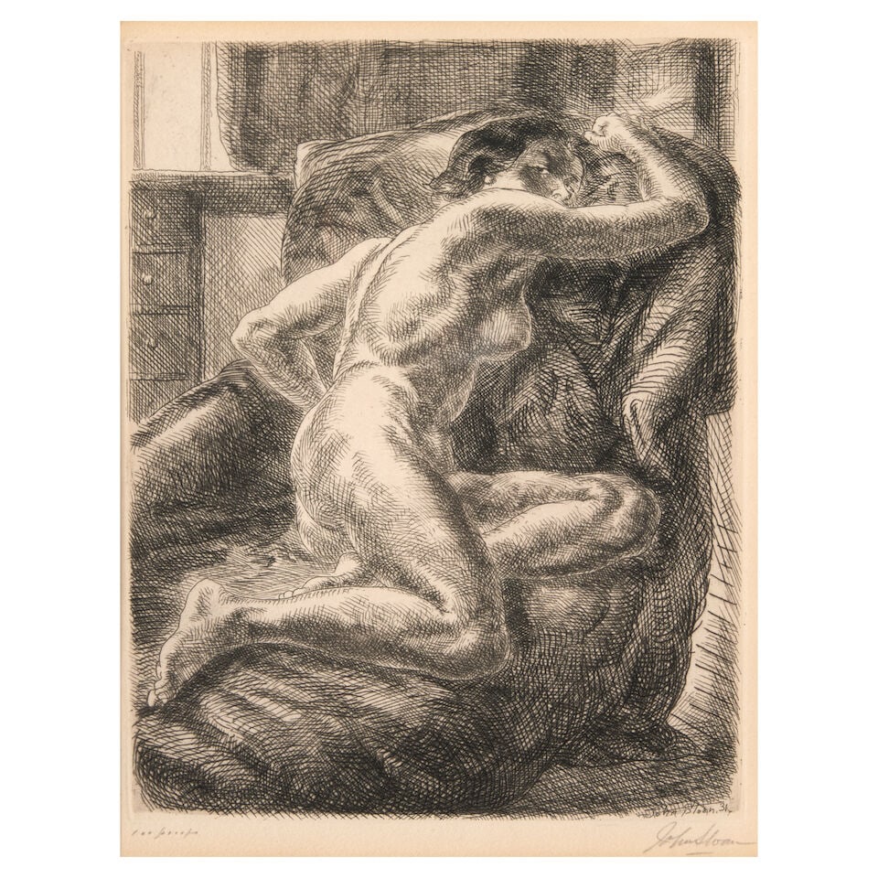John Sloan (1871-1951); Nude on a Draped Couch;: John Sloan (1871-1951) Nude on a Draped Couch (Wofsy 247), 1931 Etching on wove paper, Wofsy's third state (of three), signed in pencil and annotated '100 proofs', from the edition of 100, with