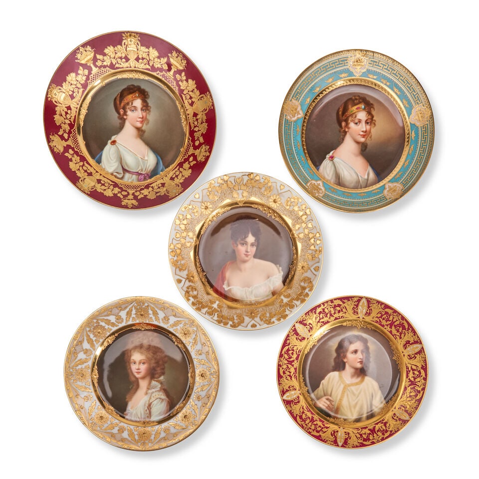 Five Dresden Porcelain Cabinet Plates, Germany, c. 1900,: Five Dresden Porcelain Cabinet Plates, Germany, c. 1900, each gilded and polychrome enameled and with central portrait of maidens within elaborate borders, dia. 9 1/2 to 10 in. Footnotes: From the Mea