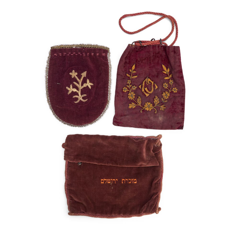 Two Embroidered Velvet Tefillin Bags and a Tallit Bag, - 2