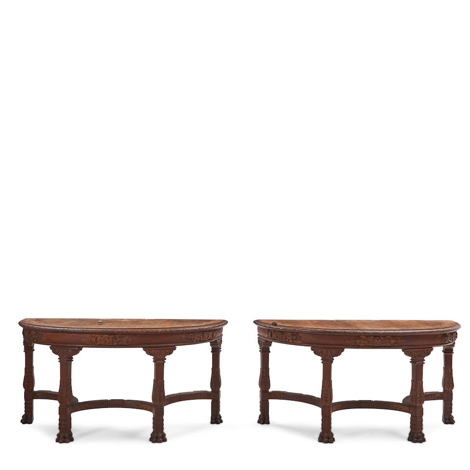 Pair of Carved Demi-Lune Walnut Tables, 19th/20th century, - 2