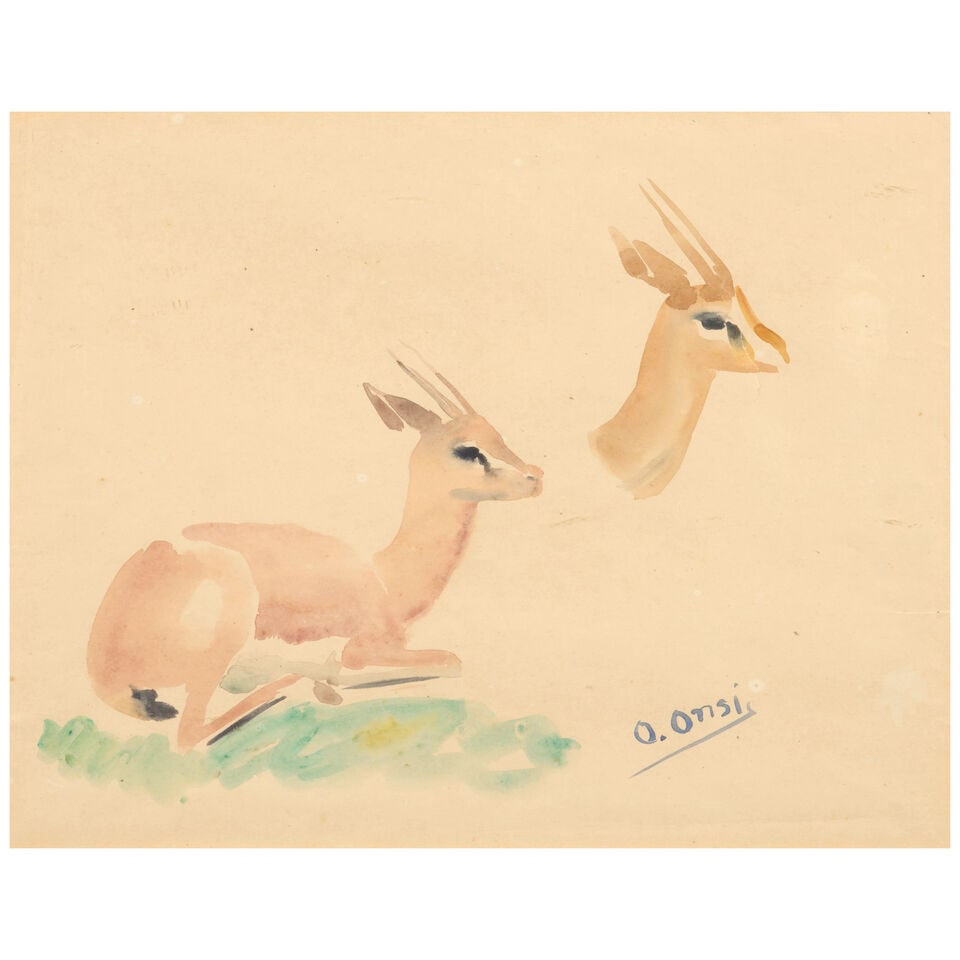 Omar Onsi (Lebanese, 1901-1969) Gazelles: A Double-sided Study,: Omar Onsi (Lebanese, 1901-1969) Gazelles: A Double-sided Study, watercolor on paper, signed 'O.Onsi' (lower right), framed, sight size 12 5/8 x 16, frame size 20 5/8 x 24 in. Footnotes: Provenance: 1.