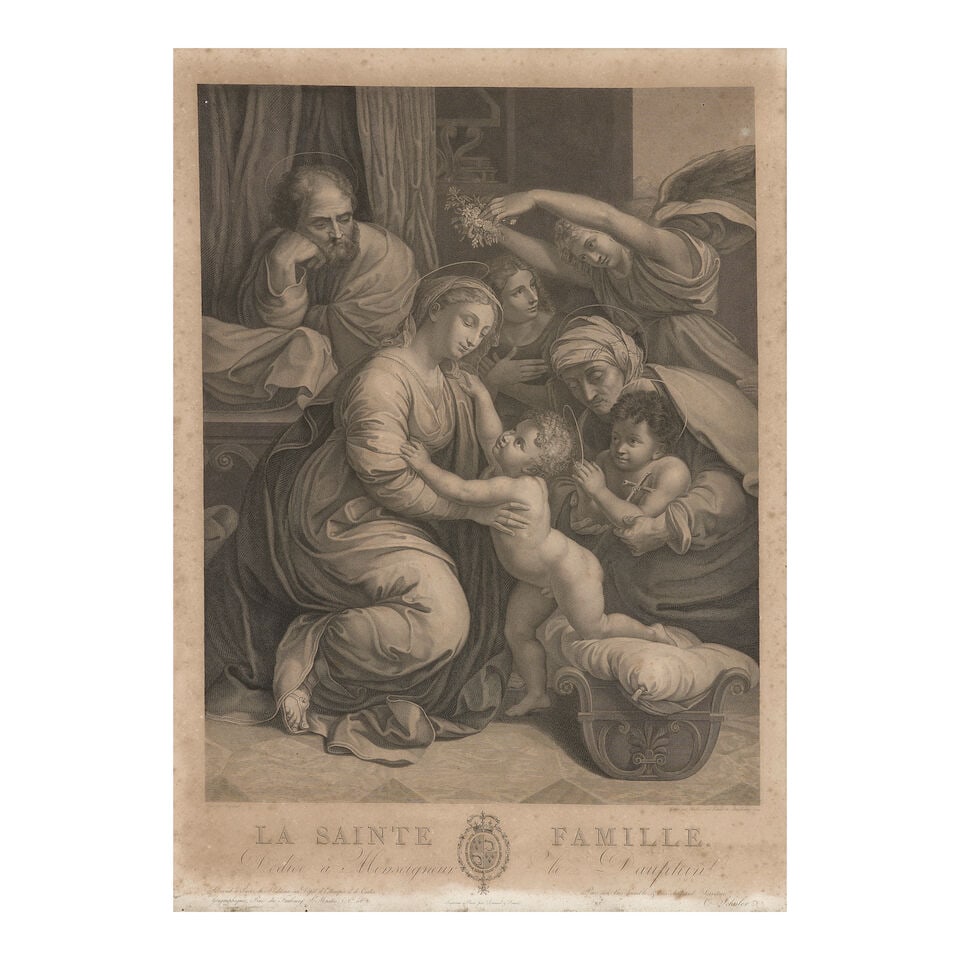 Charles Louis Schuler (French, 1782-1852), After Raphael, La Sainte Famille, 1824,: Charles Louis Schuler (French, 1782-1852), After Raphael, La Sainte Famille, 1824, engraving on paper, titled below the image, framed, sight size 24 3/4 X 18, frame size 32 1/8 X 25 3/4 in. Lot to be 