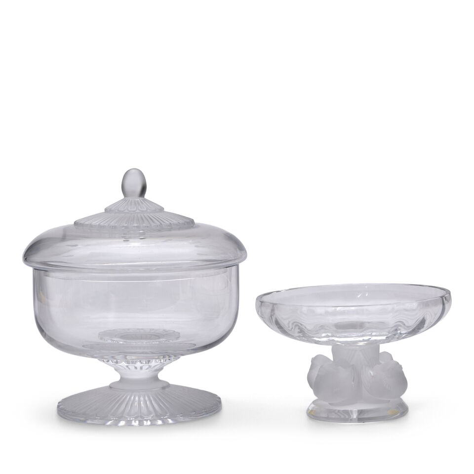 Two Lalique Crystal Bowls,: Two Lalique Crystal Bowls, comprising a Nogent bowl and an Elvire covered bonbonniere, both with incised marks reading 'Lalique France' to the base, ht. to 7 1/2 in. Lot to be sold without reserve. Th