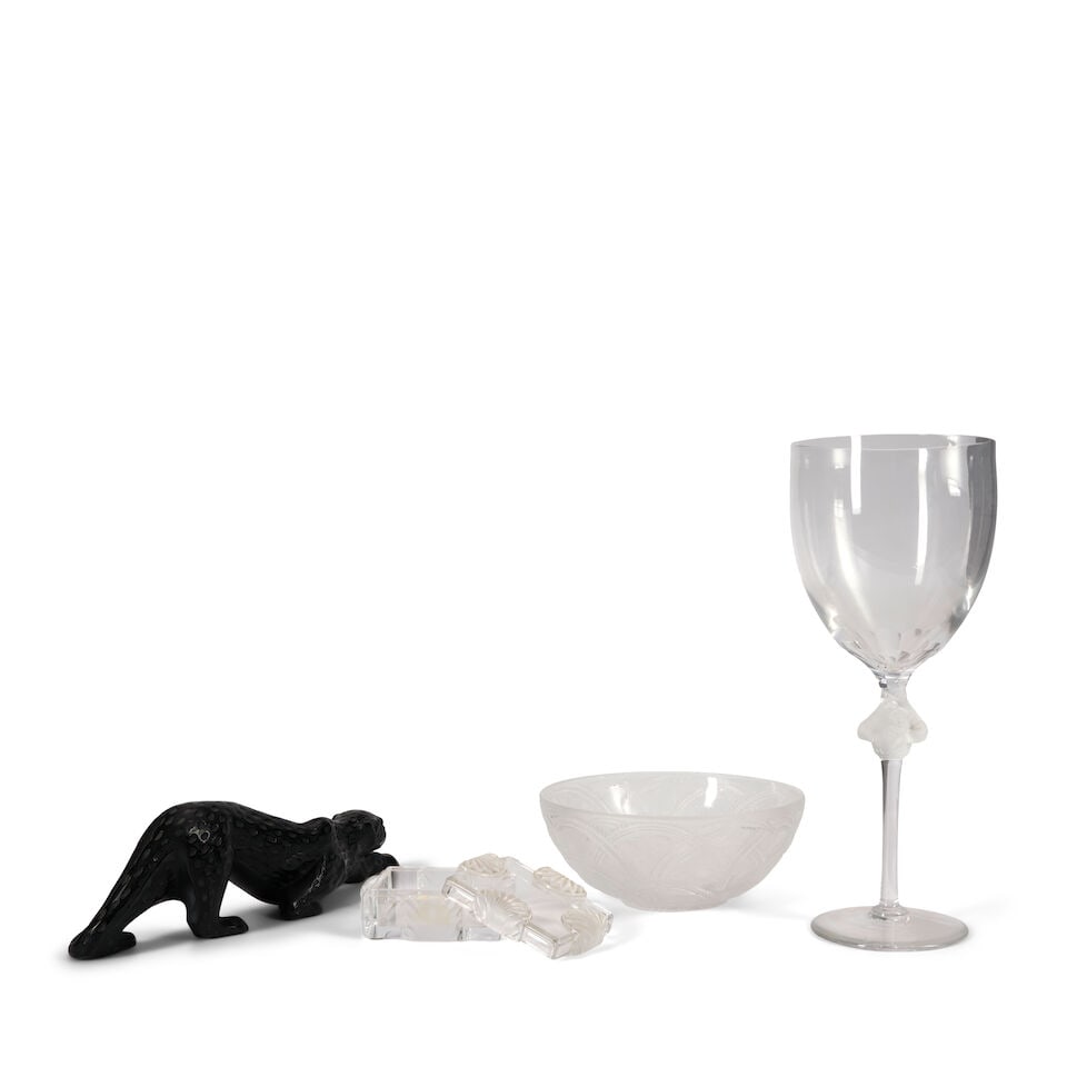 Four Modern Lalique Glass Items, France, including a black glass leopard figure, wd. 14 1/2; a l... - 2
