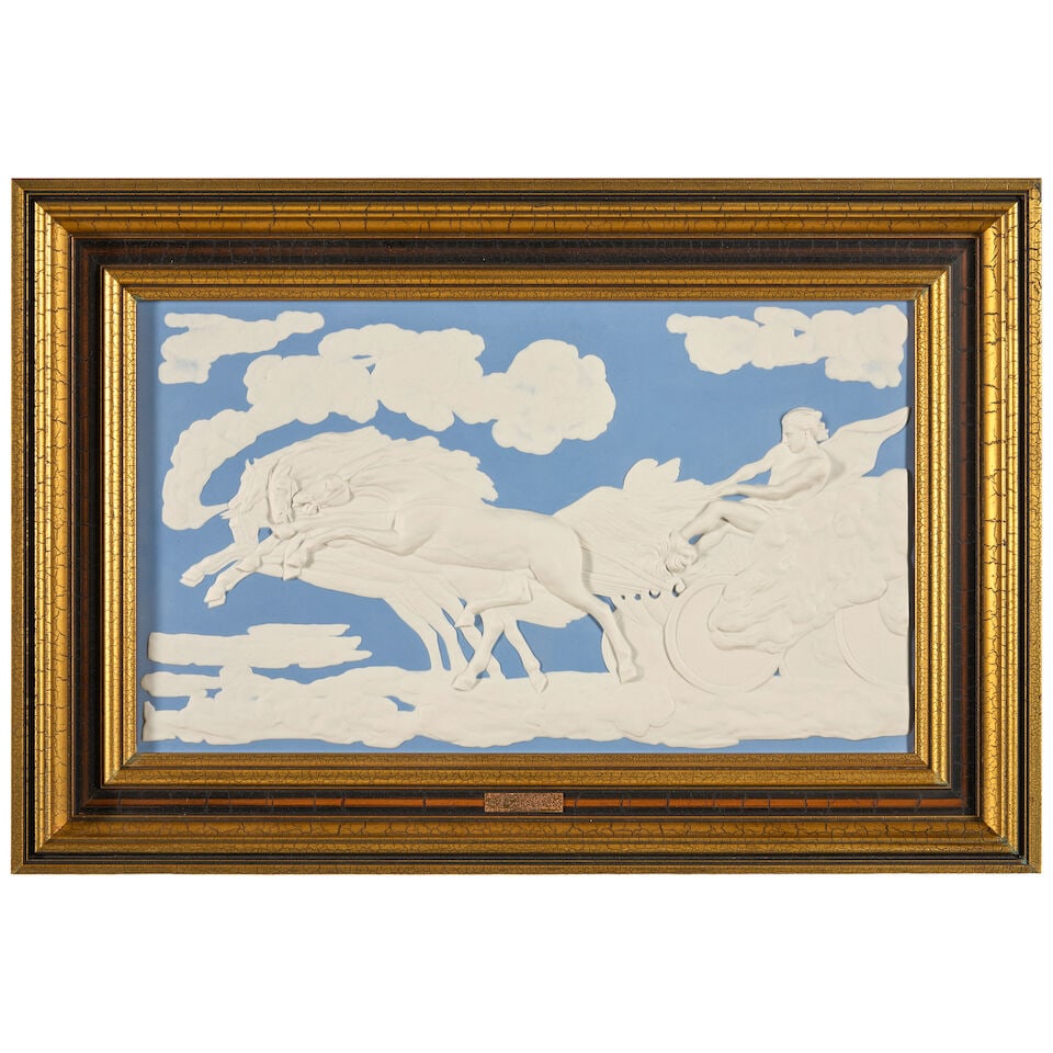 Modern Wedgwood 'Fall of Phaeton' Solid Blue Jasper Plaque, England, 1977,: Modern Wedgwood 'Fall of Phaeton' Solid Blue Jasper Plaque, England, 1977, applied white relief, numbered 155 in a limited edition of 200, rectangular shape, gilt wood frame, impressed mark, approx. p