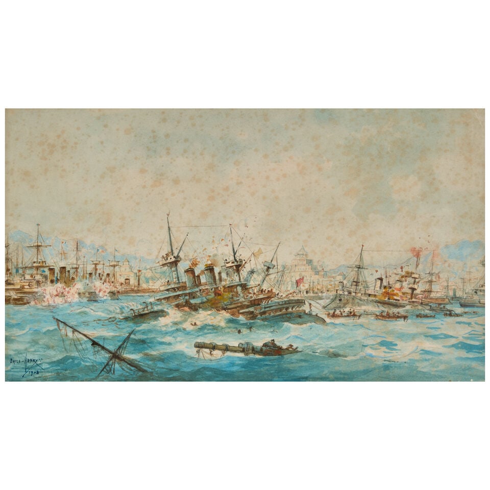 Emile Henry (French, 1822-1920) Naval Battle in the Harbour and Fisherman in Cove Near Ruins (Tw... (1 of 8)