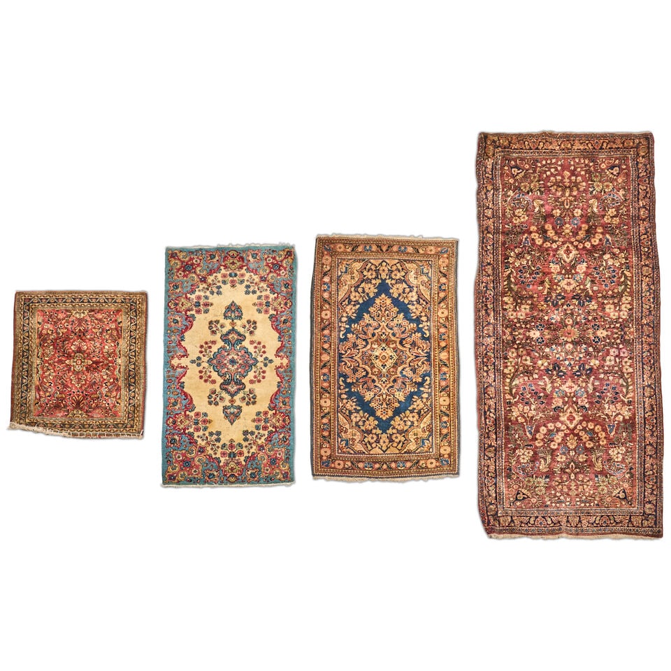 Four Sarouk Mats, c. first half 20th century, 76 in. x 30 1/2 in.; 45 1/2 in. x 25 in.; 45 in. x...: Four Sarouk Mats, c. first half 20th century, **Saleroom Notice: Special Conditions on the sale of Iranian-origin material: Due to U.S. Federal trade regulations, Bonhams places certain restrictions a