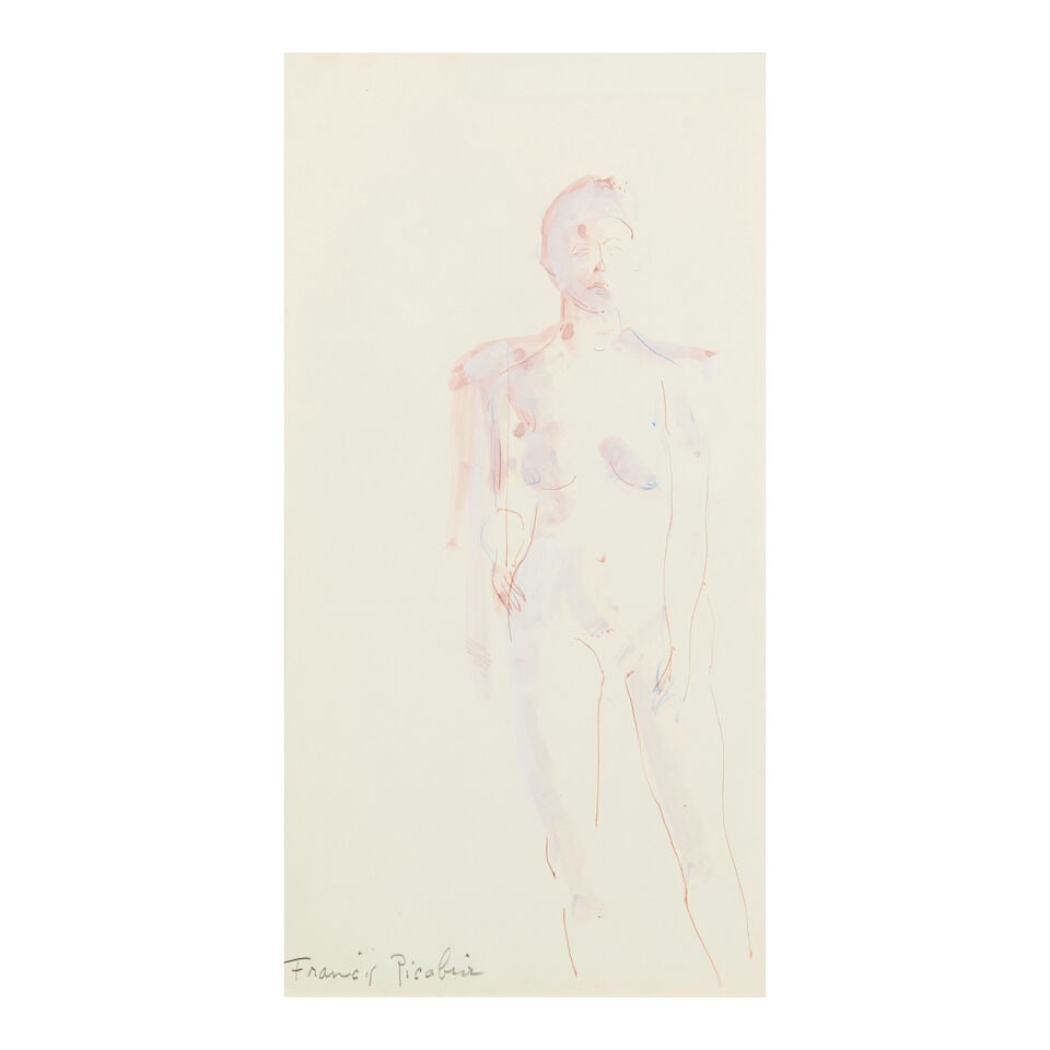 Francis Picabia (French, 1879-1953) Standing Female Nude (sheet size 15 x 8 in. (38.1 x 20.4 cm)...: Francis Picabia (French, 1879-1953) Standing Female Nude signed 'Frencis Picabia' (lower left); with of two hand-written labels inscribed indistinctly '... given to me by ... Picabia' and 'left to ...