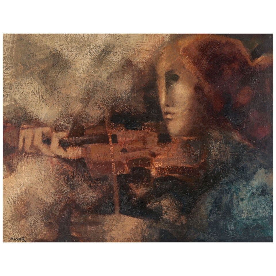 Alvar Suñol Muñoz-Ramos (Spanish, born 1935) Violinista: Alvar Suñol Muñoz-Ramos (Spanish, born 1935) Violinista signed 'ALVAR' (lower left); signed and inscribed 'ALVAR / SUNOL / PARIS / 'VIOLINISTA'' (on the reverse) oil on canvas 19 3/4 x 25 3/