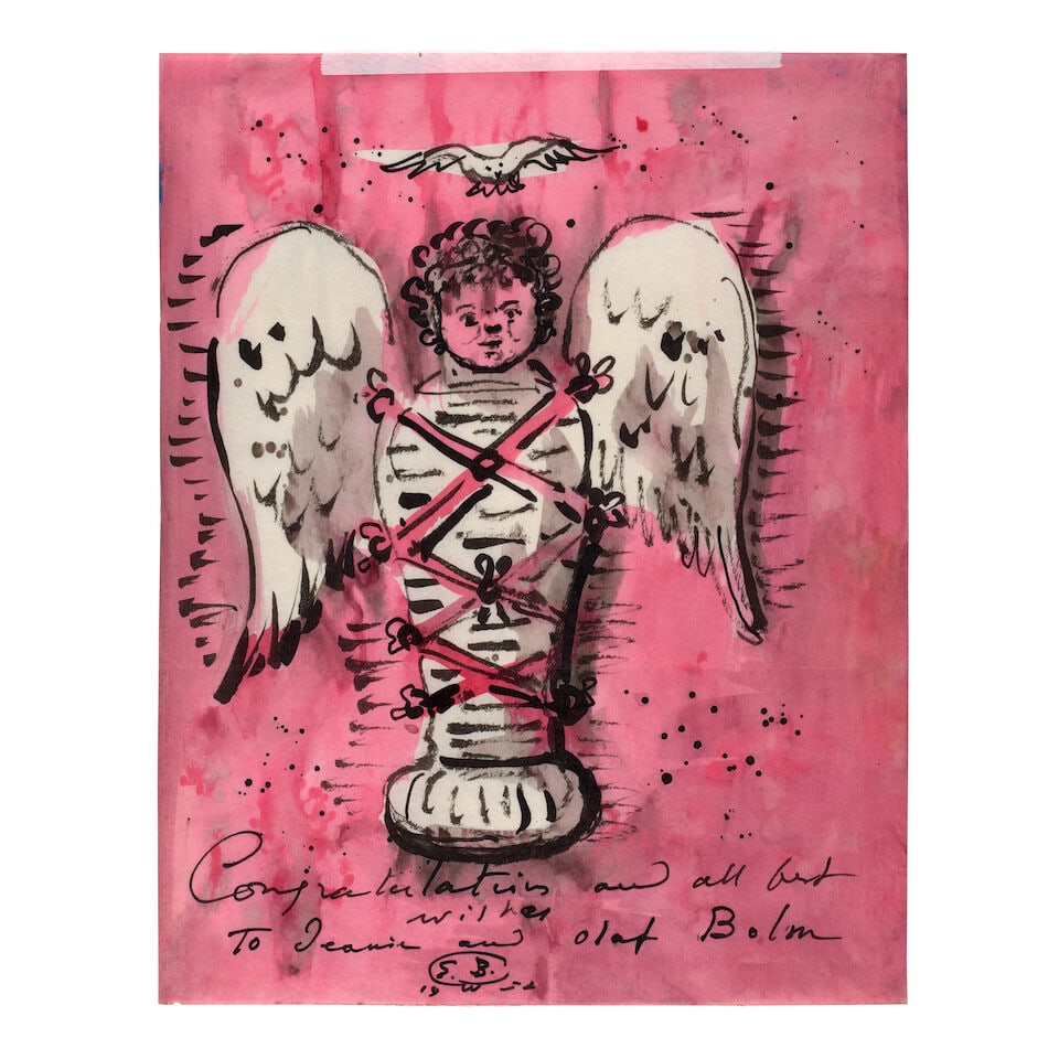 Eugene Berman (1899-1972) Sans titre 10 7/8 x 8 9/16 in (27.6 x 21.8 in) (Executed in 1952): Eugene Berman (1899-1972) Sans titre signed, dated and inscribed 'E. B. 1952 Congratulations and all the best wishes to Jeanie and Olaf Bolm' (lower center) watercolor and brush and India ink on paper