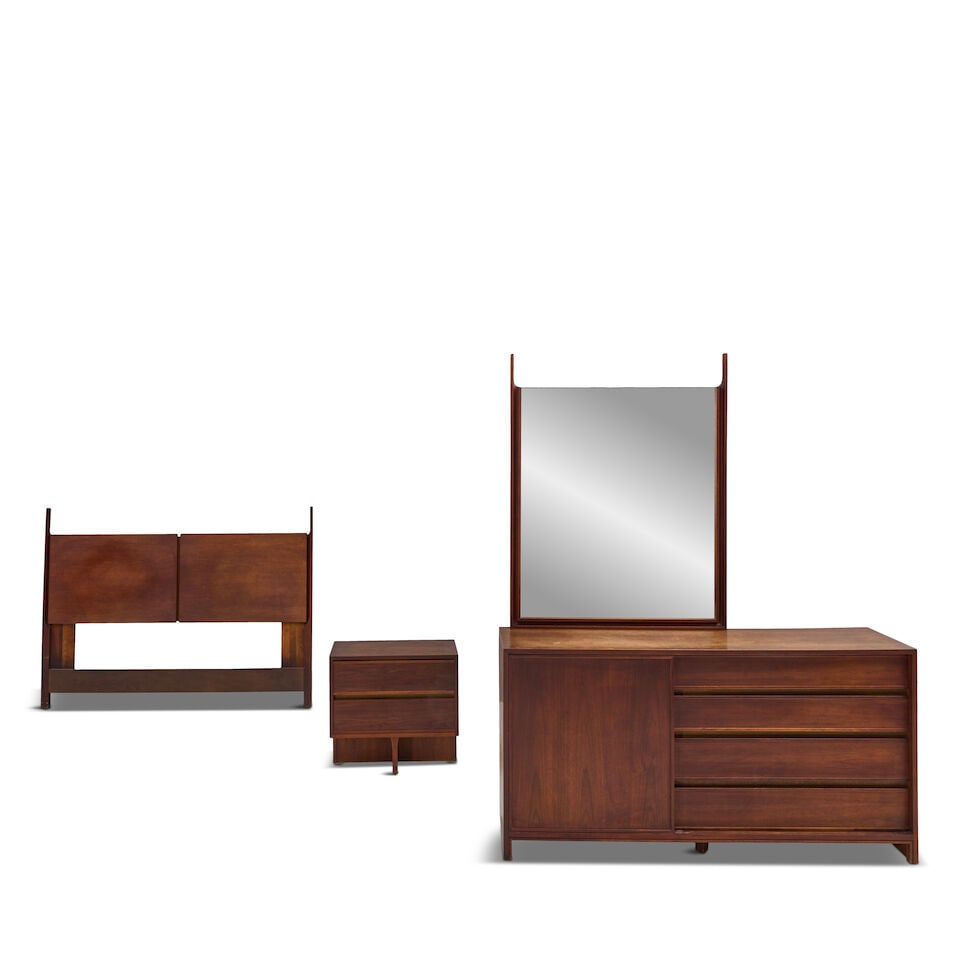 Brown Saltman Bedroom Suite, United States, circa 1950, dresser with attached mirror, nightstan... (1 of 2)