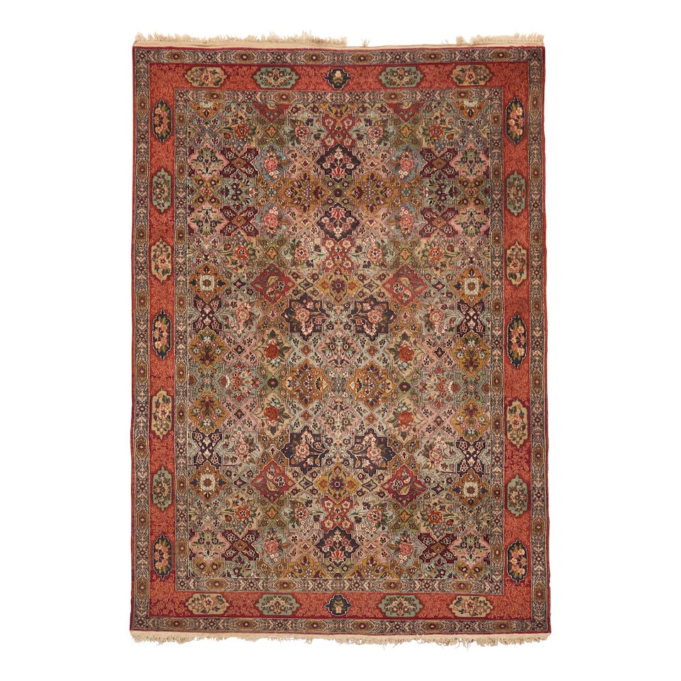 Silk Highlight Qum Rug 4 ft. 5 in. x 6 ft. 4 in.: Silk Highlight Qum Rug c. 20th century **Saleroom Notice: Special Conditions on the sale of Iranian-origin material: Due to U.S. Federal trade regulations, Bonhams places certain restrictions and limi