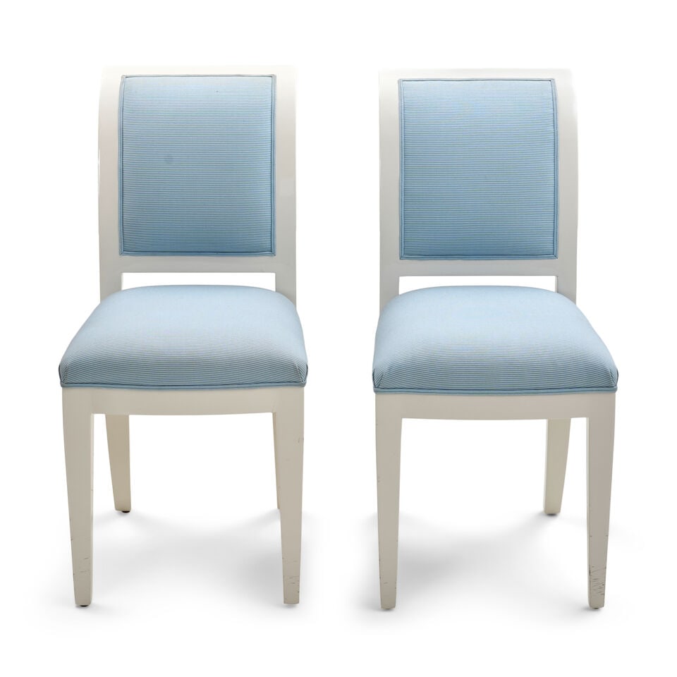 Pair of J.Robert Scott 'Essex Opera' Side Chairs,: Pair of J.Robert Scott 'Essex Opera' Side Chairs, each with a cream-lacquered frame, arched rectangular upholstered back, upholstered slip seat covered in light blue striped fabric, and square taperin